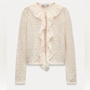 ZARA RUFFLED POINTELLE KNIT CARDIGAN